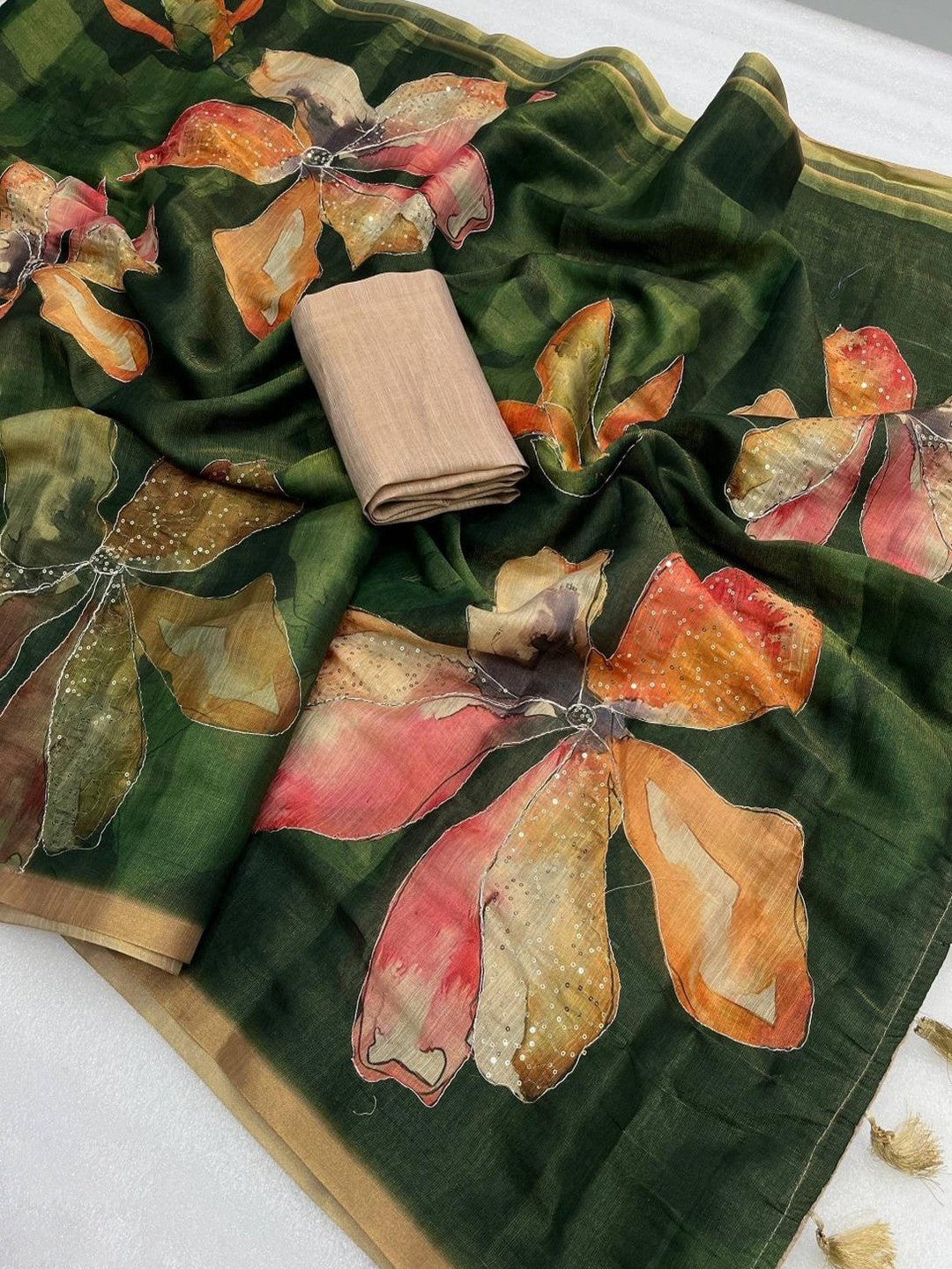 Peachmode Green Tissue Silk Floral Printed Saree with Sequins Work - Image 2
