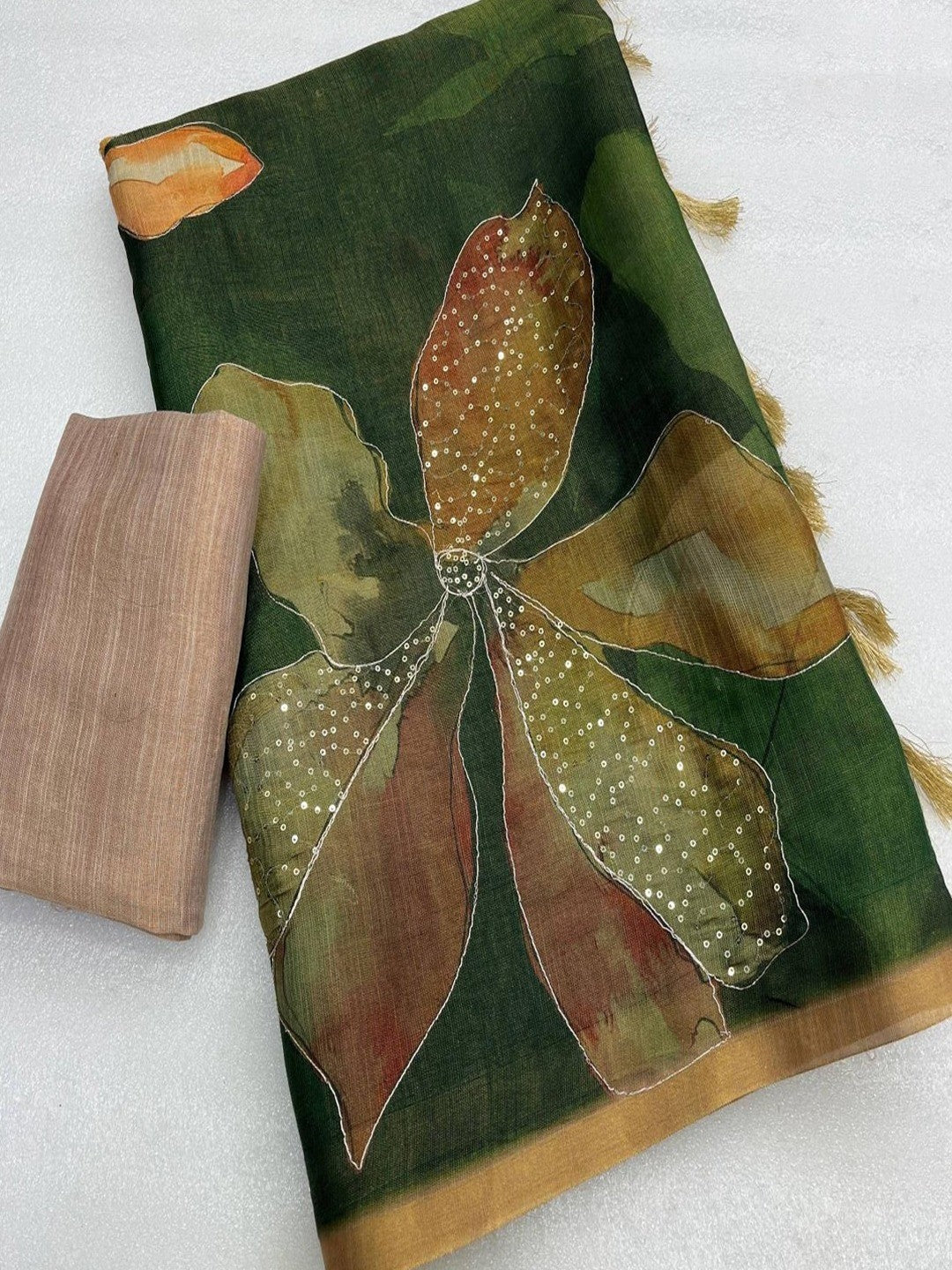 Peachmode Green Tissue Silk Floral Printed Saree with Sequins Work - Image 3