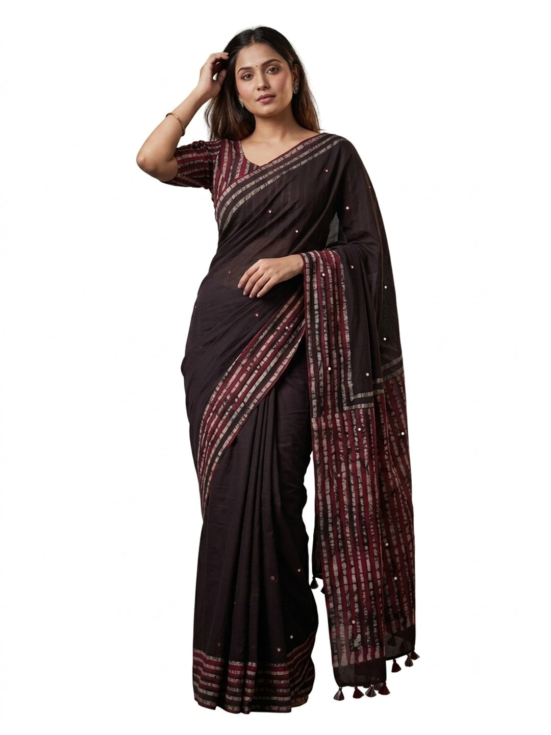 Peachmode Black Mul Cotton Mirror Work Saree - Image 5