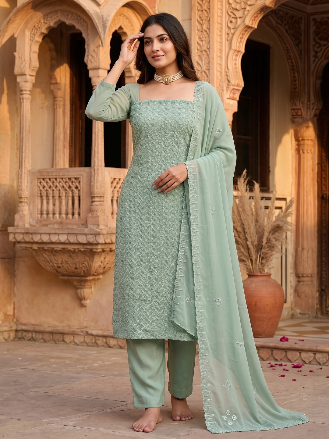 Lightweight Sage Green Georgette Dress Material Adorned with Beautiful Floral Embroidery - Image 1
