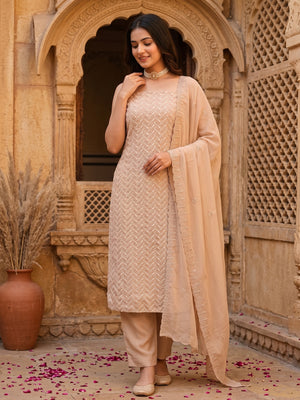 Lightweight Beige Georgette Dress Material Adorned with Beautiful Floral Embroidery - Image 1