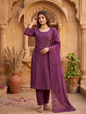Beautiful Purple Art Silk Unstitched Suit Material Decorated with Fine Floral Embroidery Work - Image 1