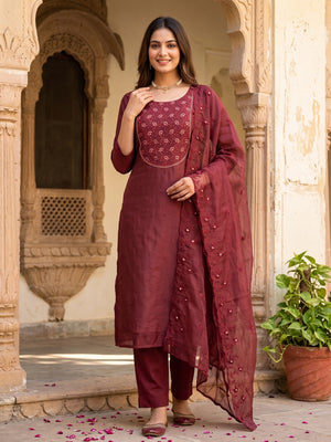 Beautiful Maroon Art Silk Unstitched Suit Material Decorated with Fine Floral Embroidery Work - Image 1