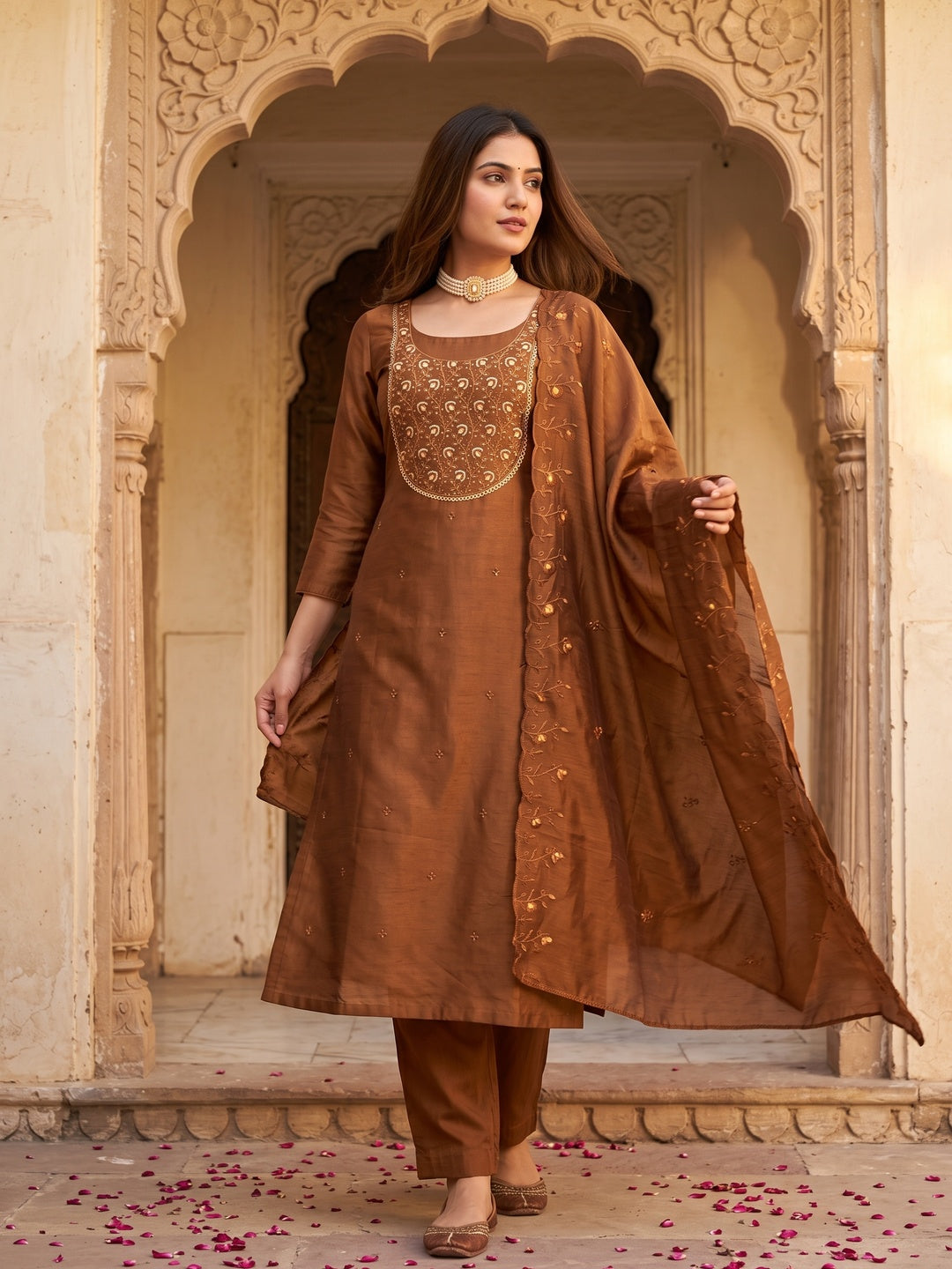 Beautiful Brown Art Silk Unstitched Suit Material Decorated with Fine Floral Embroidery Work - Image 1