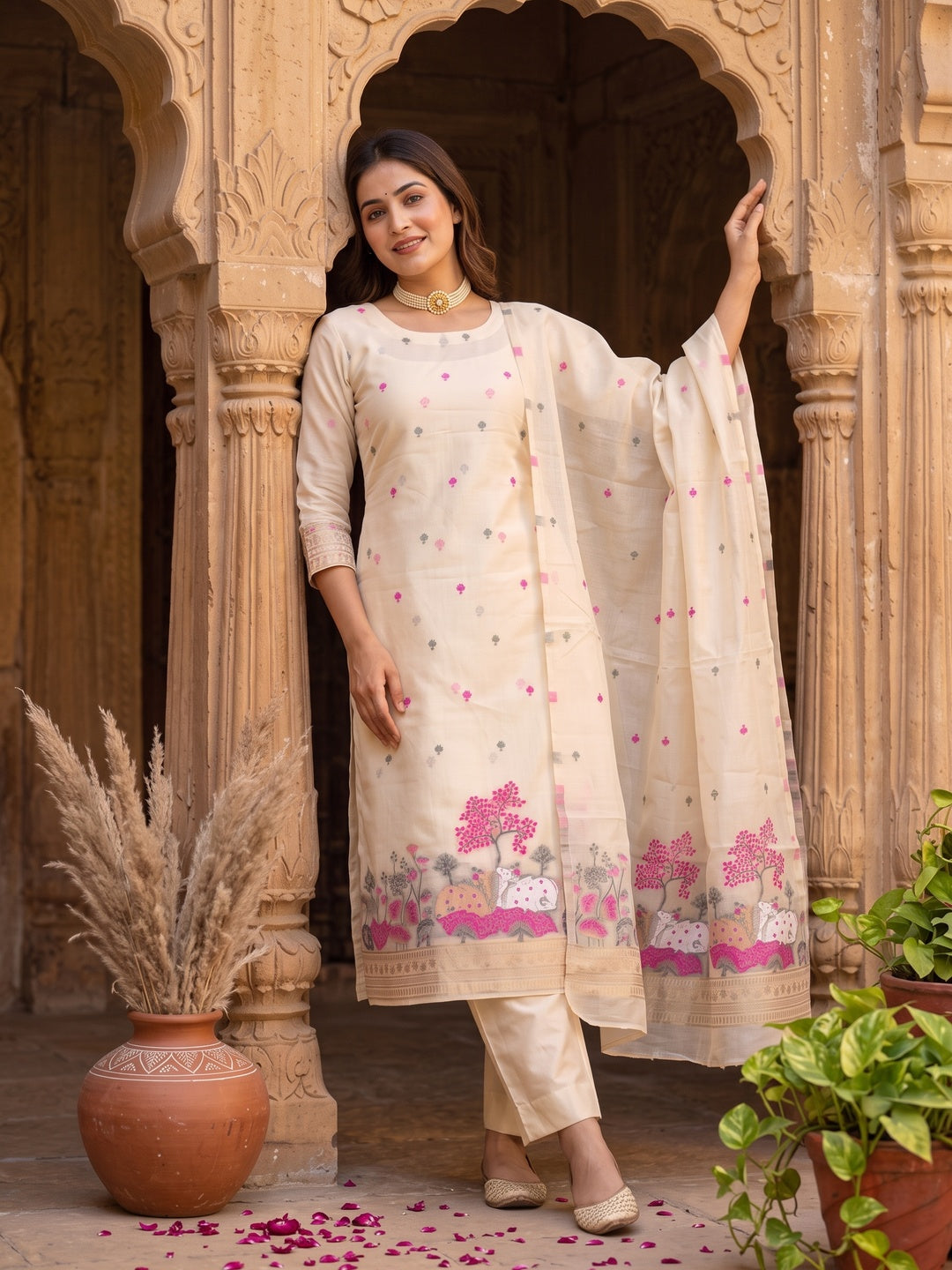 Premium Cream Chanderi Silk Weaving Dress Material With Artistic Floral & Animal Motifs