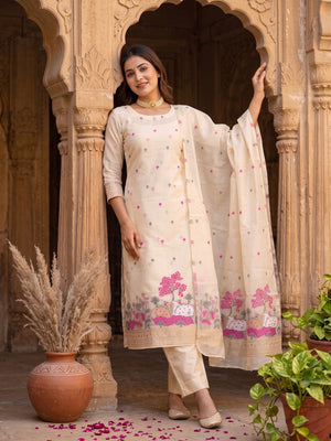 Premium Cream Chanderi Silk Weaving Dress Material With Artistic Floral & Animal Motifs