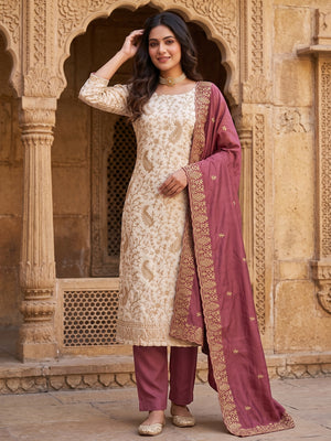 Cream & Maroon Lustrous Vichitra Silk Dress Material Accented with Artistic Thread Embroidery - Image 1