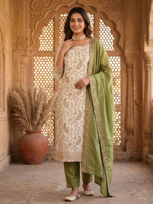 Cream & Green Lustrous Vichitra Silk Dress Material Accented with Artistic Thread Embroidery - Image 1