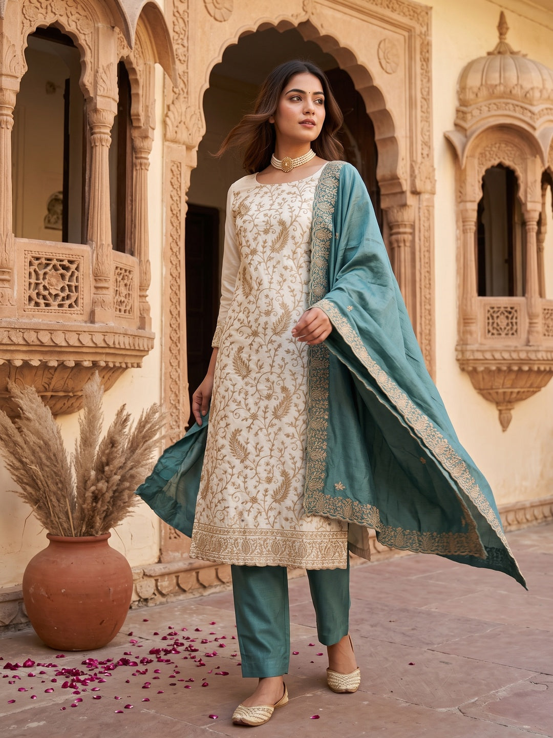 Cream & Teal Lustrous Vichitra Silk Dress Material Accented with Artistic Thread Embroidery - Image 1