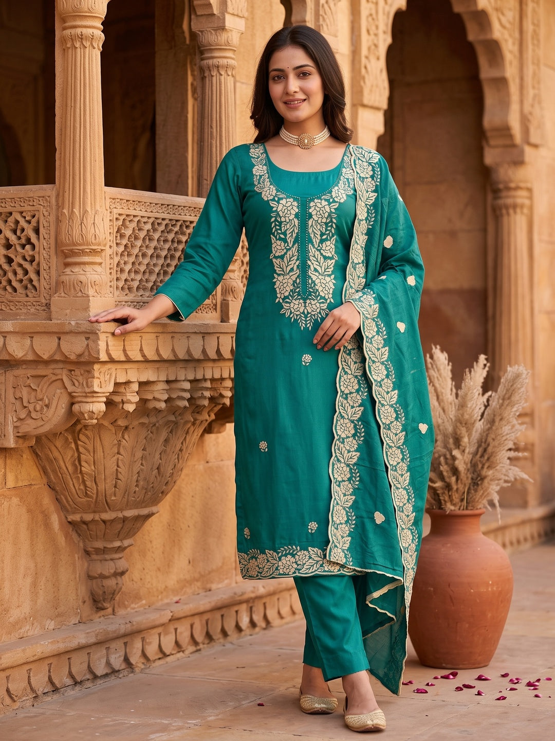 Teal Green Rich Viscose Dress Material Highlighted with Refined Floral Thread Embroidery - Image 1