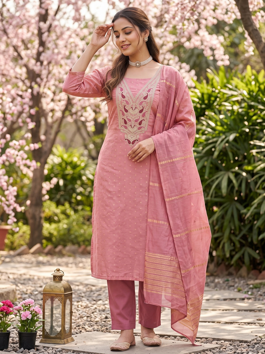 Peach Weaving Chanderi Silk Dress Material Adorned With Cording Embroidery & Sequins Work - Image 1