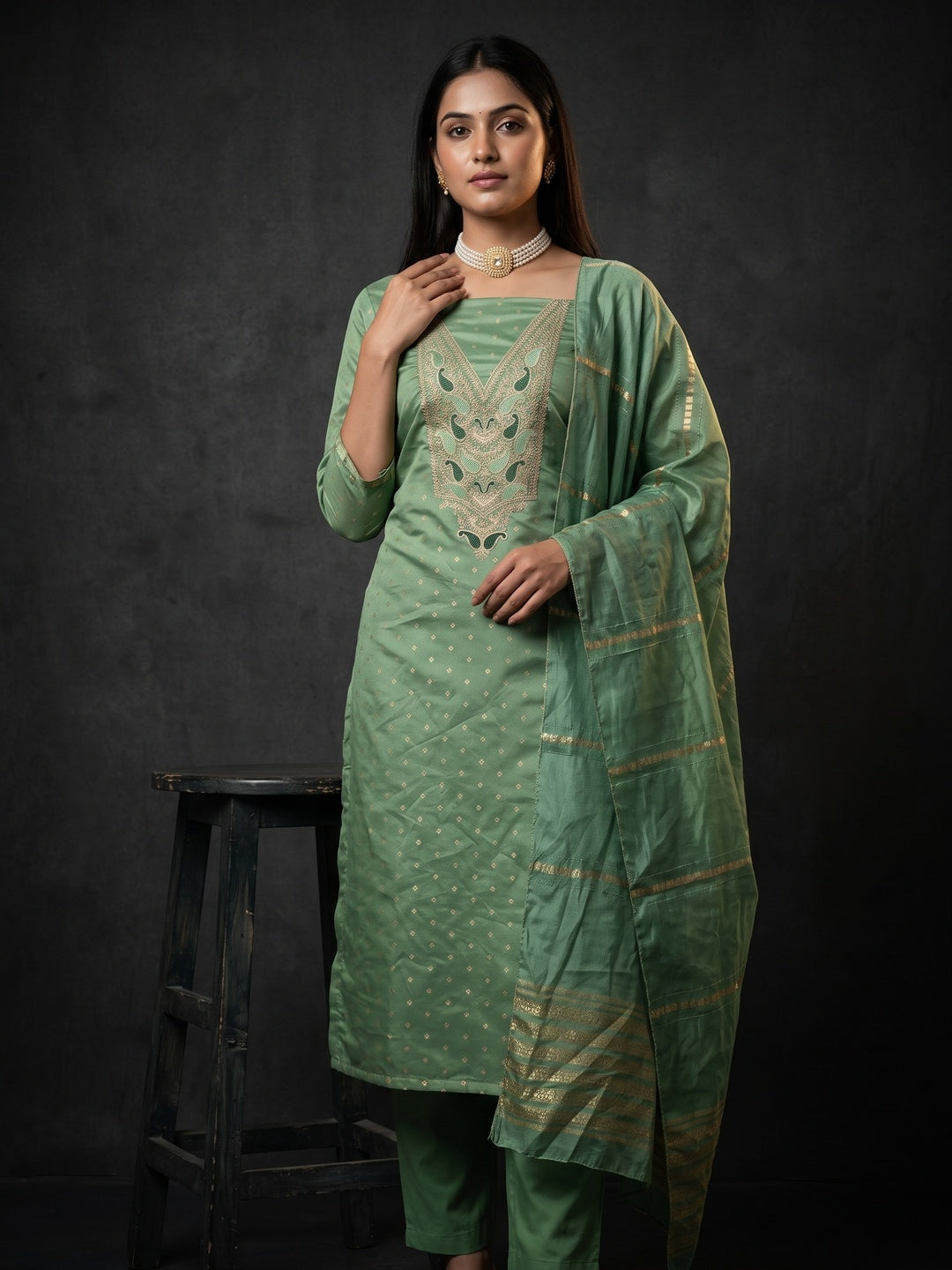 Green Weaving Chanderi Silk Dress Material Adorned With Cording Embroidery & Sequins Work - Image 1