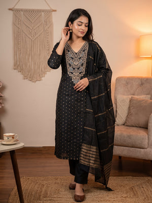 Black Weaving Chanderi Silk Dress Material Adorned With Cording Embroidery & Sequins Work - Image 1