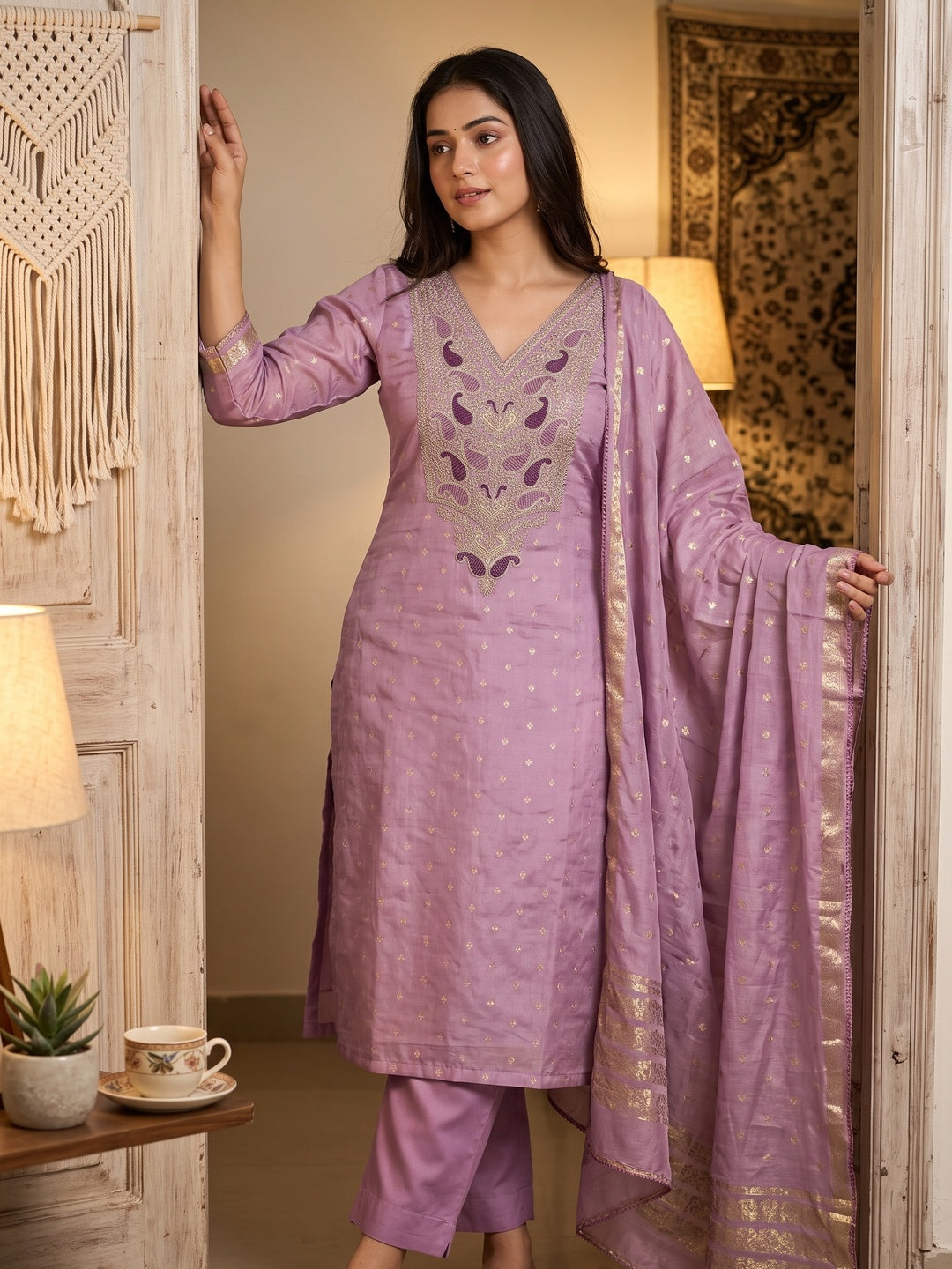 Lavender Weaving Chanderi Silk Dress Material Adorned With Cording Embroidery & Sequins Work - Image 1