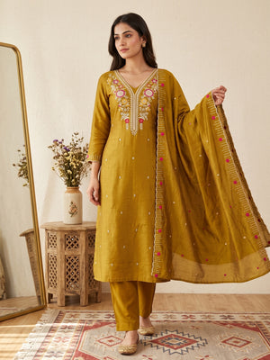 Mustard Premium Vichitra Silk Dress Material Featuring Delicate Floral Embroidered Detailing - Image 1