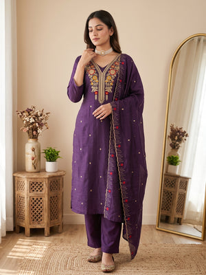 Purple Premium Vichitra Silk Dress Material Featuring Delicate Floral Embroidered Detailing - Image 1