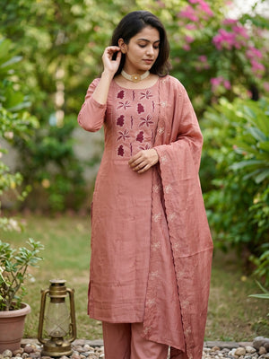 Peach Floral Embroidery Enhanced Vichitra Silk Fabric Set for Stylish Traditional Outfits - Image 1