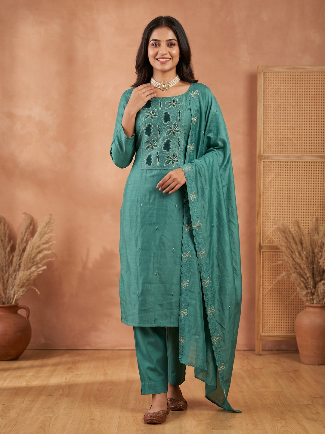Teal Green Floral Embroidery Enhanced Vichitra Silk Fabric Set for Stylish Traditional Outfits - Image 1