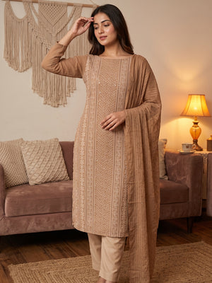 Elegant Brown Floral Embroidered Georgette Dress Material With Delicate Sequins Accents - Image 1