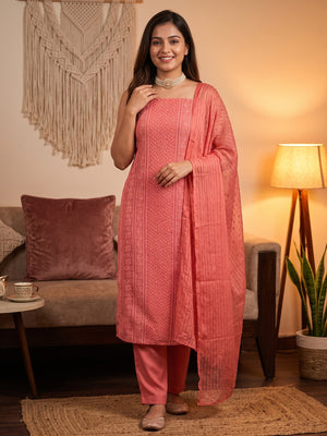 Elegant Coral Pink Floral Embroidered Georgette Dress Material With Delicate Sequins Accents - Image 1