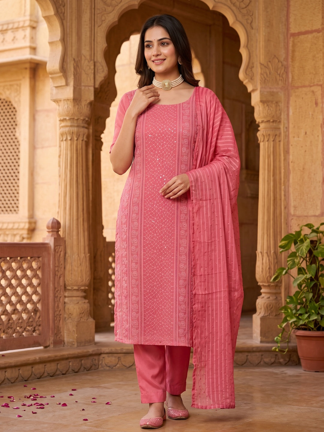 Elegant Gajari Pink Floral Embroidered Georgette Dress Material With Delicate Sequins Accents - Image 1