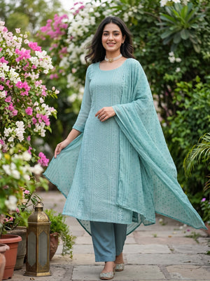 Elegant Dusty Turquoise Floral Embroidered Georgette Dress Material With Delicate Sequins Accents - Image 1