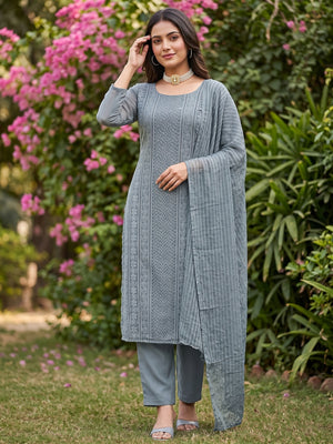 Elegant Grey Floral Embroidered Georgette Dress Material With Delicate Sequins Accents - Image 1