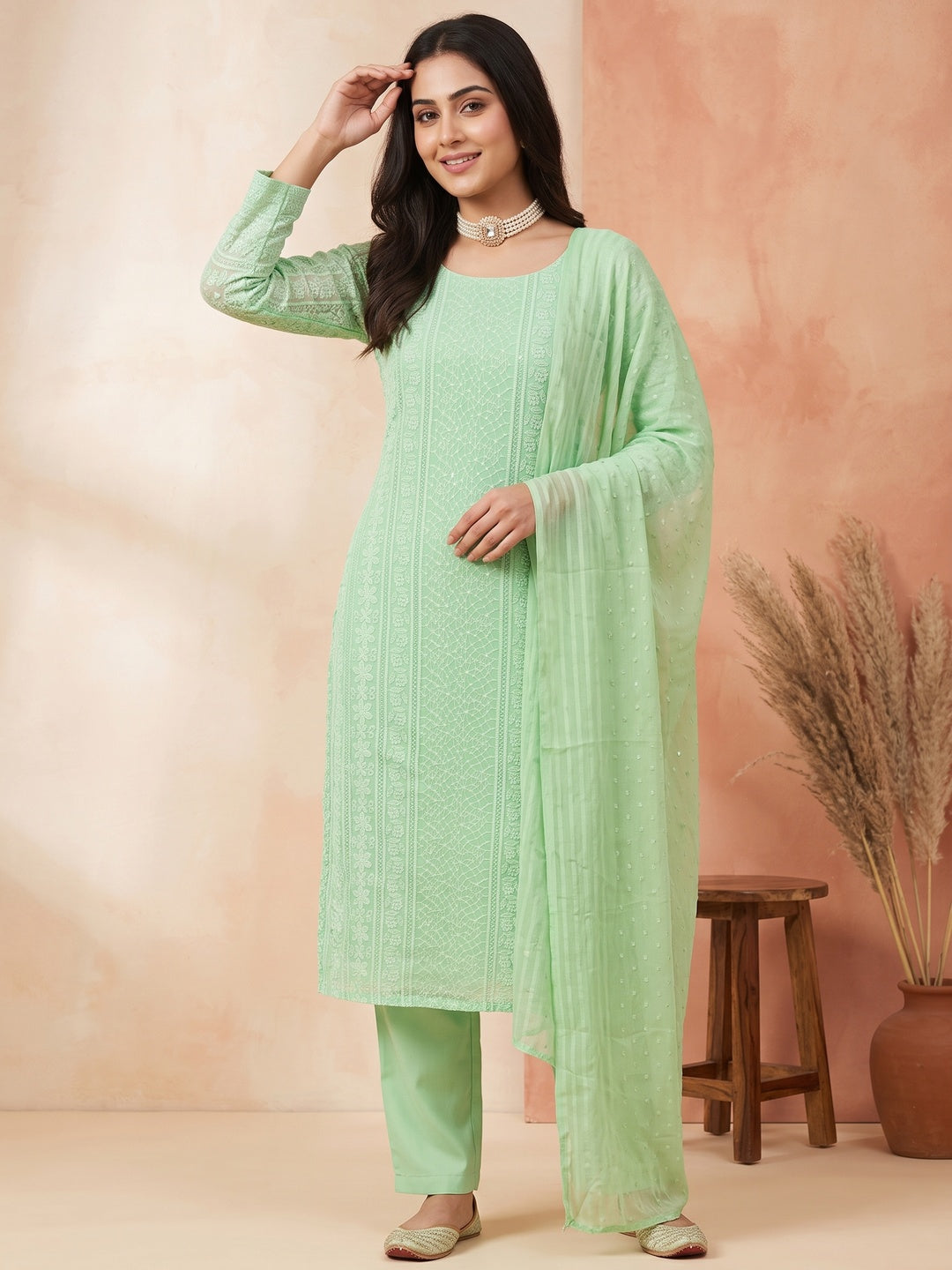 Elegant Green Floral Embroidered Georgette Dress Material With Delicate Sequins Accents - Image 1