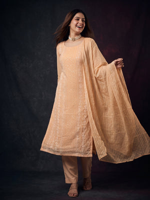 Elegant Light Peach Floral Embroidered Georgette Dress Material With Delicate Sequins Accents - Image 1