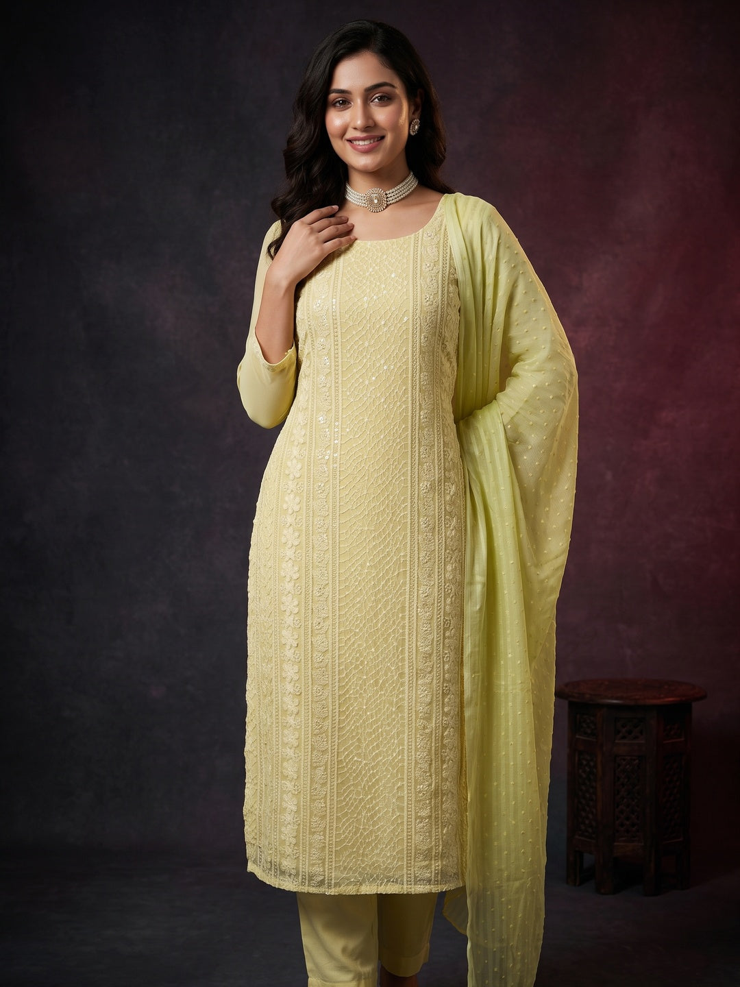 Elegant Light Yellow Floral Embroidered Georgette Dress Material With Delicate Sequins Accents - Image 1