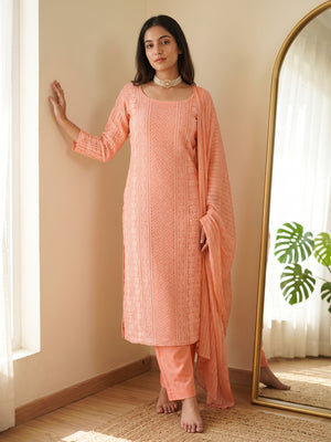 Elegant Peach Floral Embroidered Georgette Dress Material With Delicate Sequins Accents - Image 1