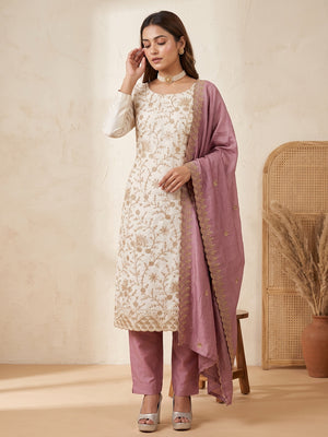 Off White Pink Thread Motifs Vichitra Silk Unstitched Salwar Material - Image 1