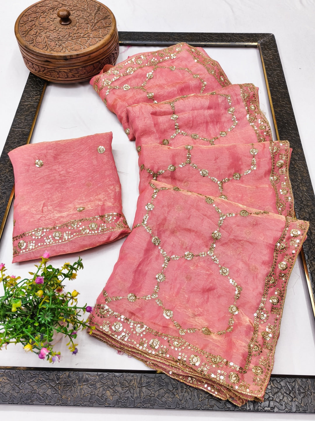Peachmode Rose Pink Fendy Satin Sequins Embellished Saree - Image 2