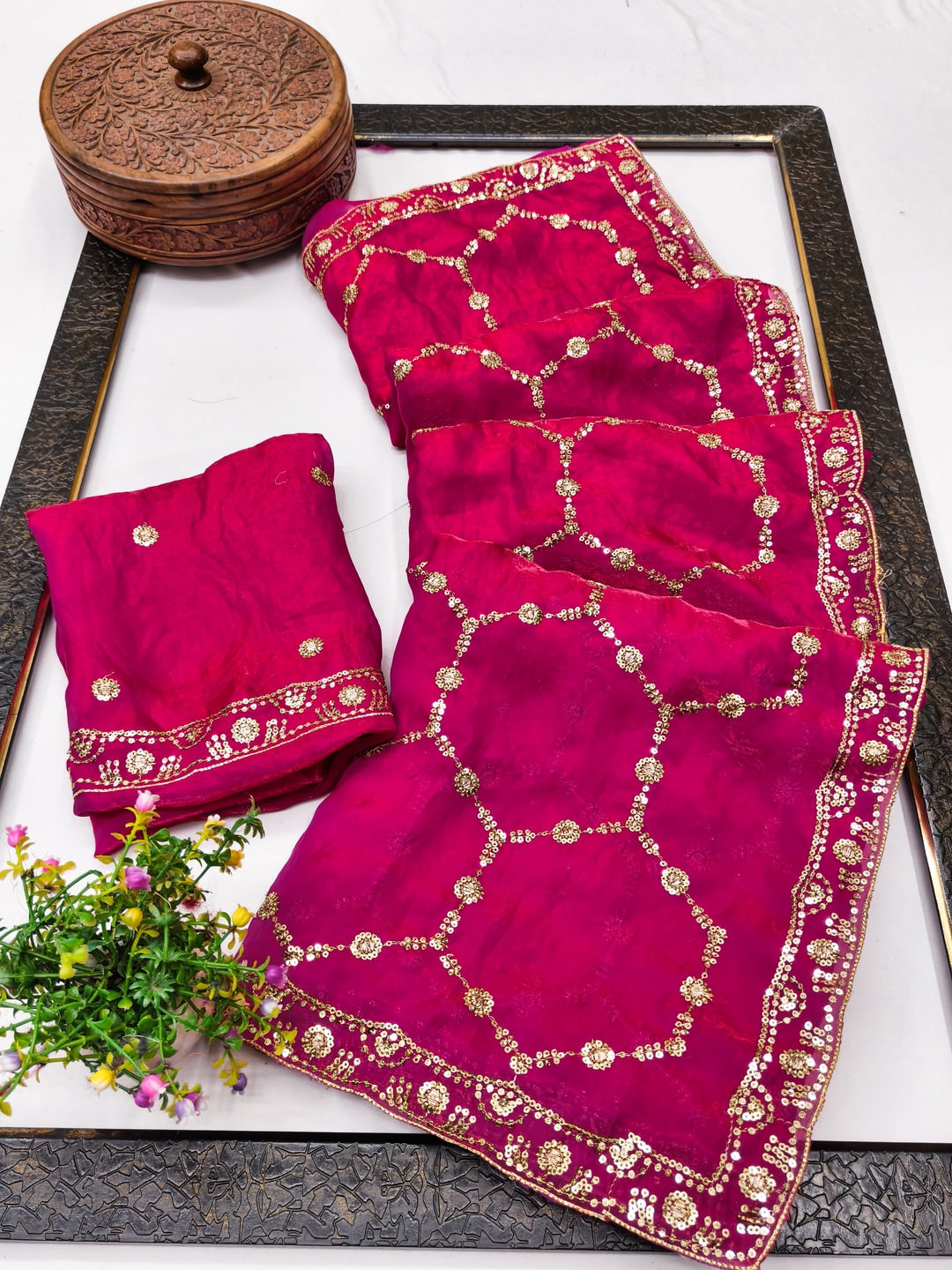 Peachmode Rani Pink Fendy Satin Sequins Embellished Saree - Image 2