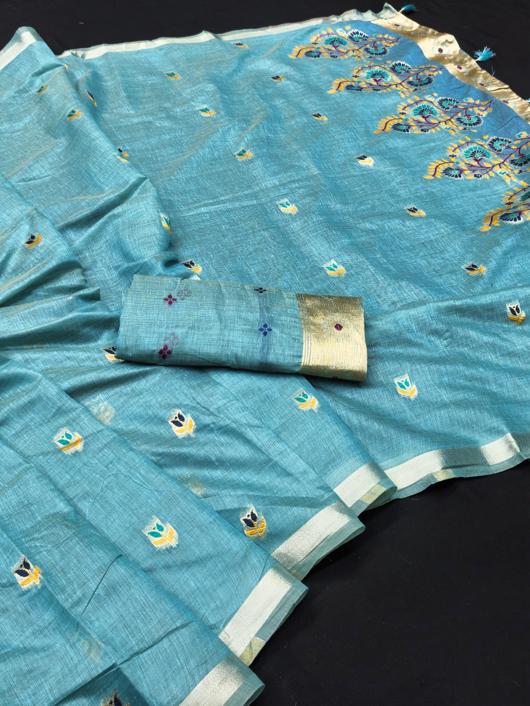 Peachmode Light Blue Cotton Blend Jamdani Woven Saree - Image 2