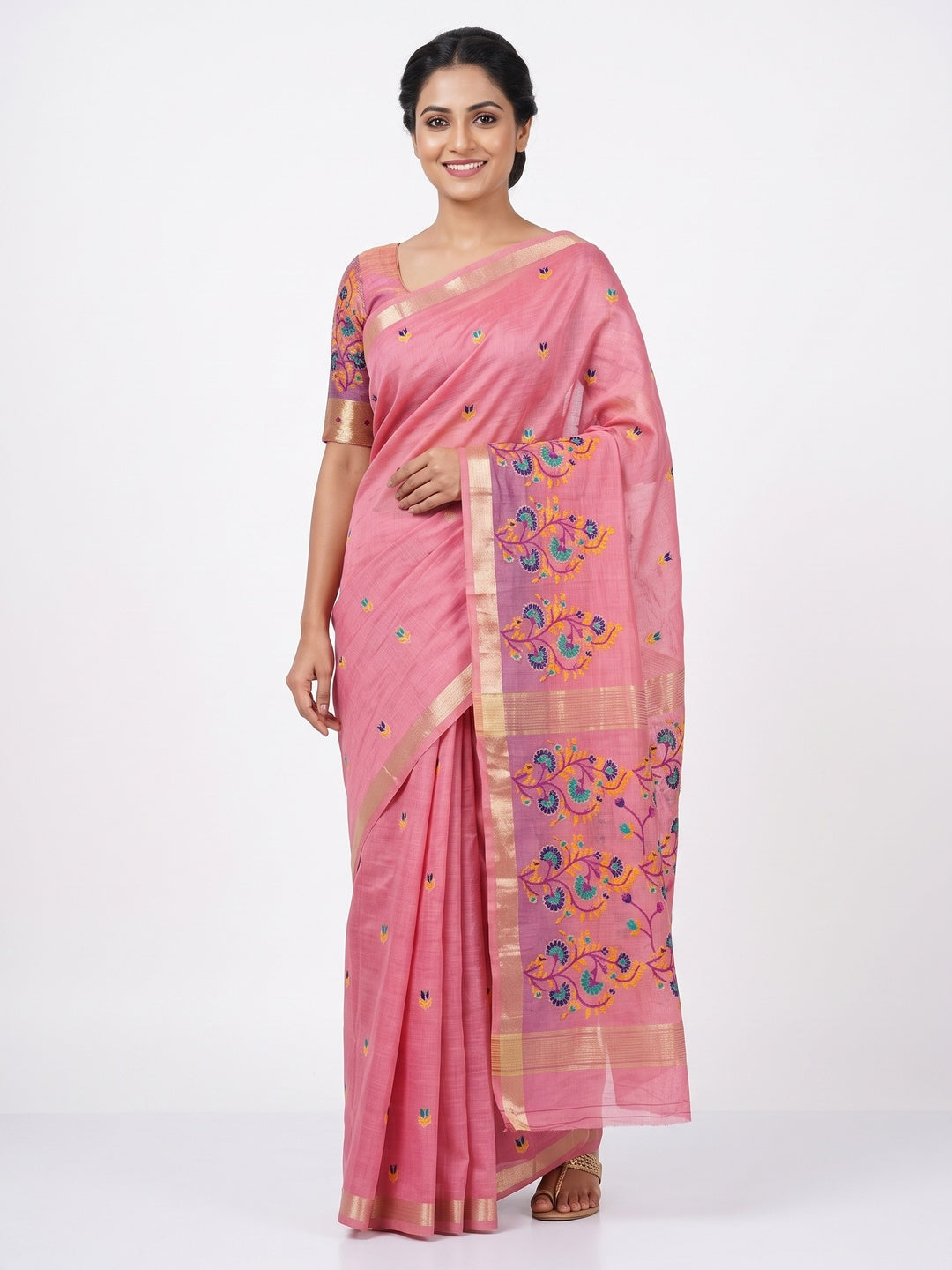 Peachmode Pink Cotton Blend Jamdani Woven Saree - Image 1