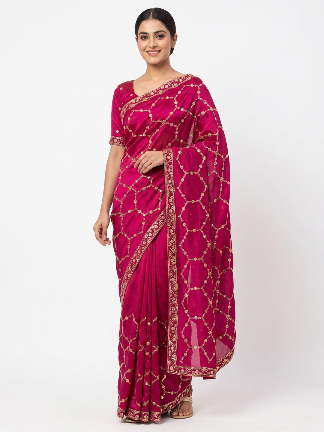 Peachmode Rani Pink Fendy Satin Sequins Embellished Saree - Image 1