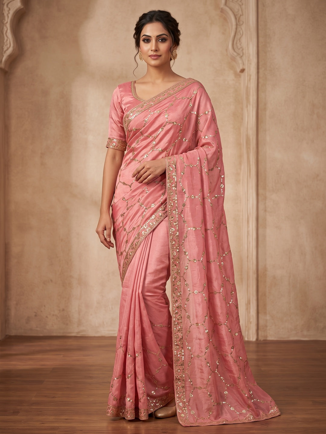 Peachmode Rose Pink Fendy Satin Sequins Embellished Saree - Image 1