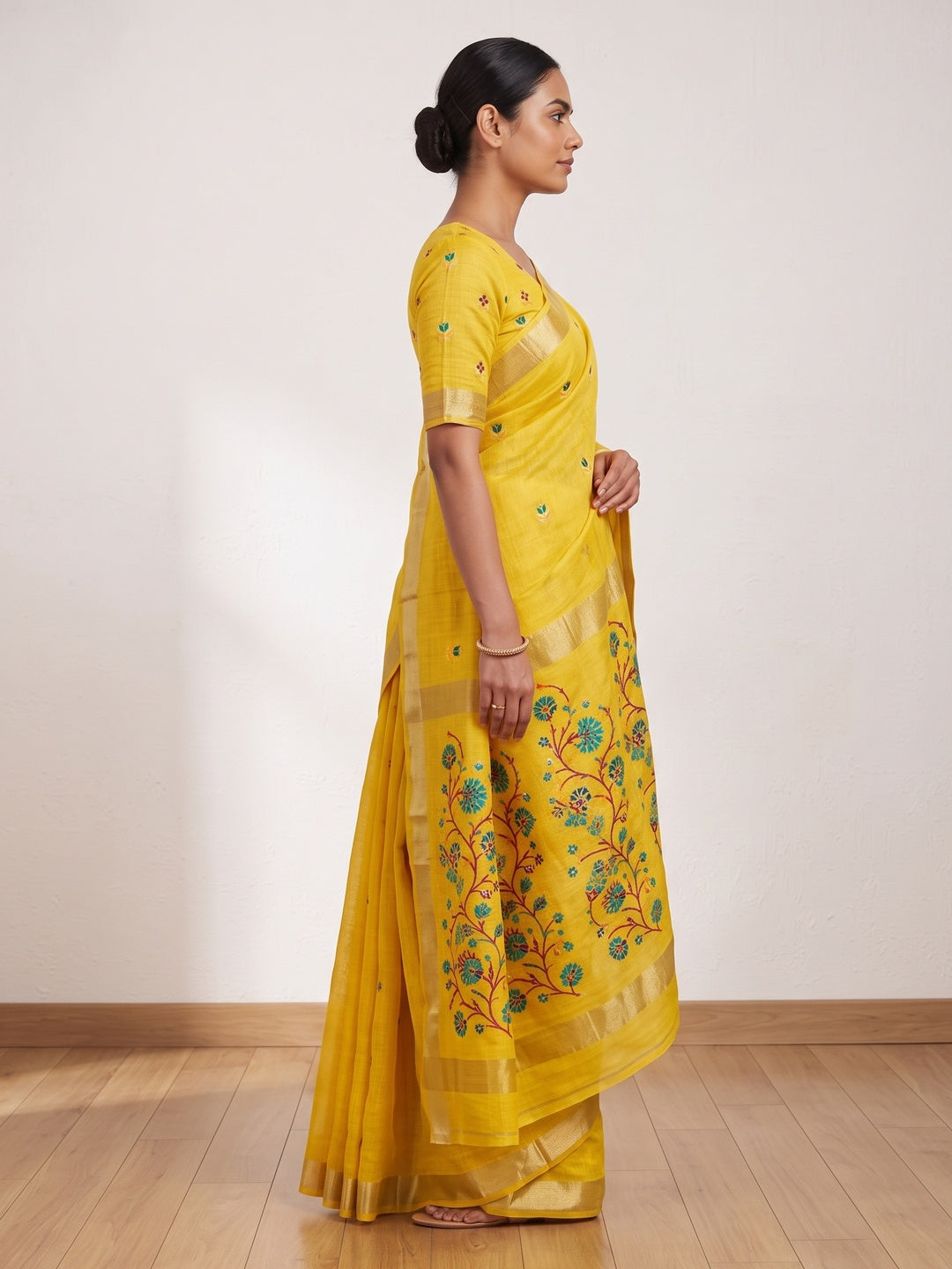 Peachmode Yellow Cotton Blend Jamdani Woven Saree - Image 3