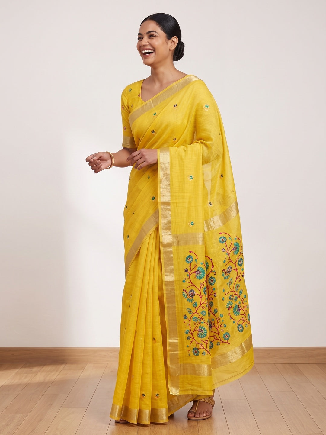 Peachmode Yellow Cotton Blend Jamdani Woven Saree - Image 4