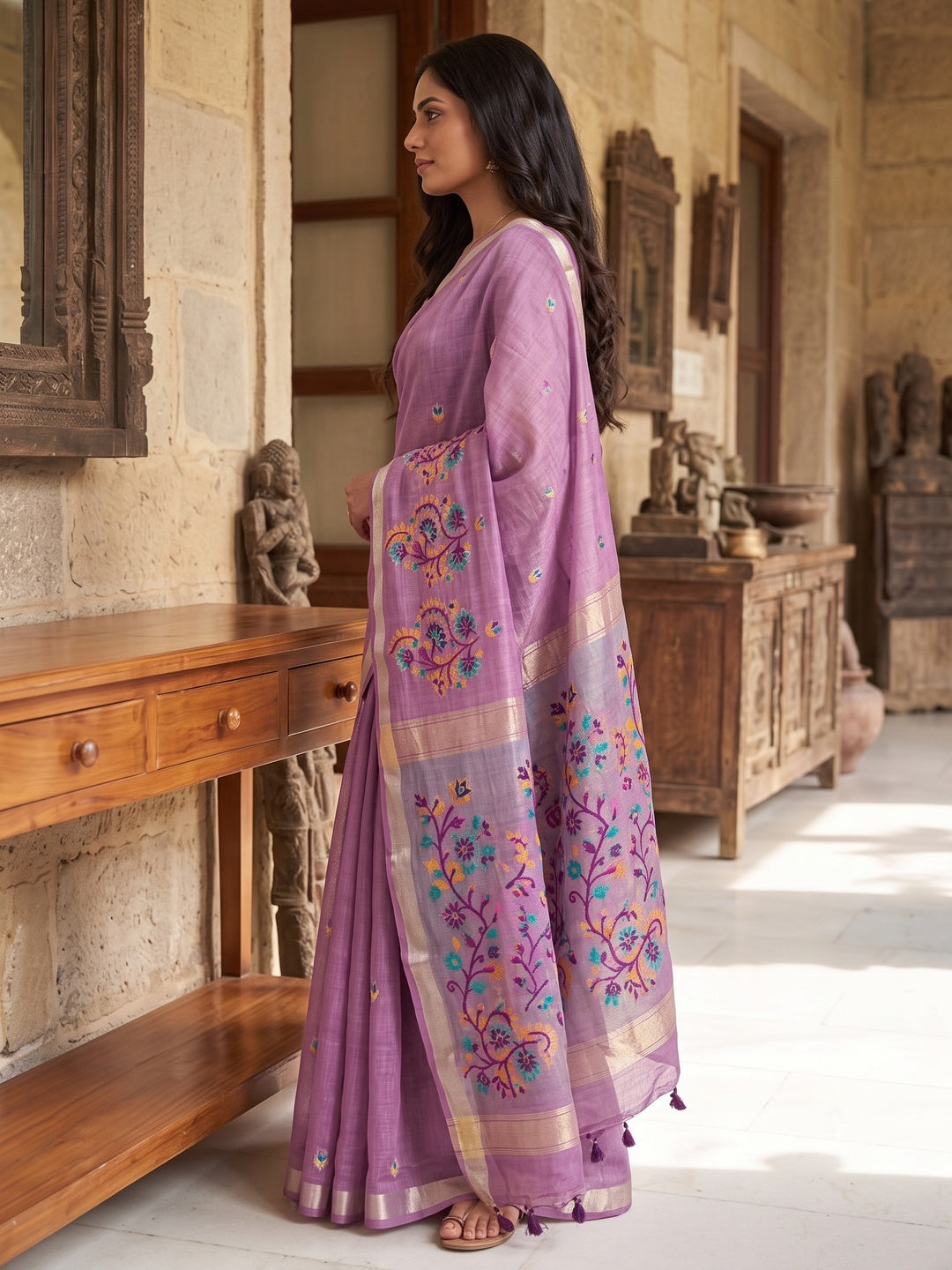 Peachmode Mauve Cotton Blend Jamdani Woven Saree - Image 4