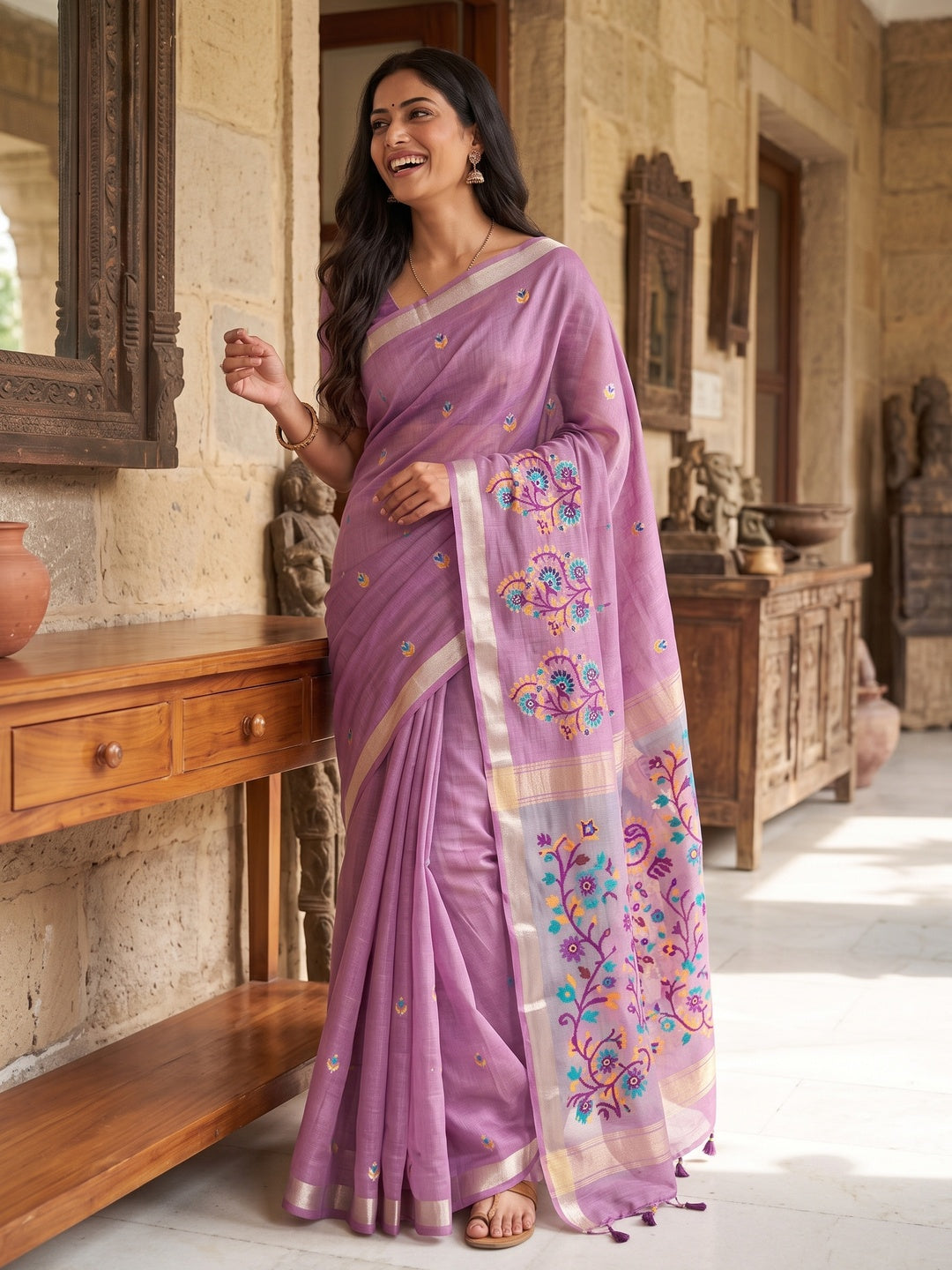Peachmode Mauve Cotton Blend Jamdani Woven Saree - Image 5