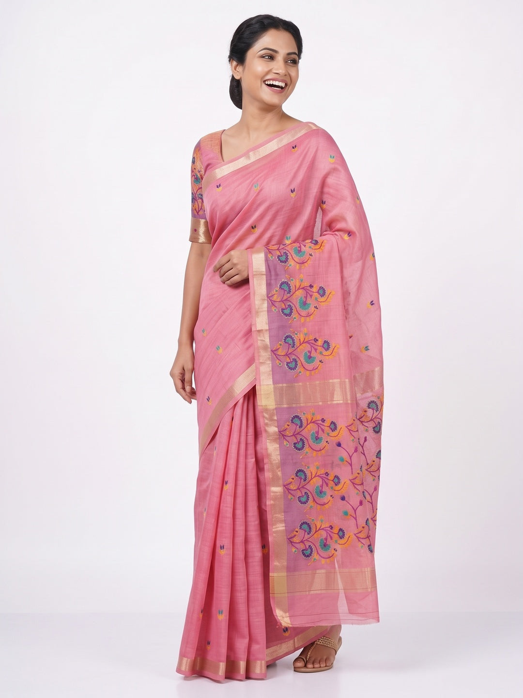Peachmode Pink Cotton Blend Jamdani Woven Saree - Image 5