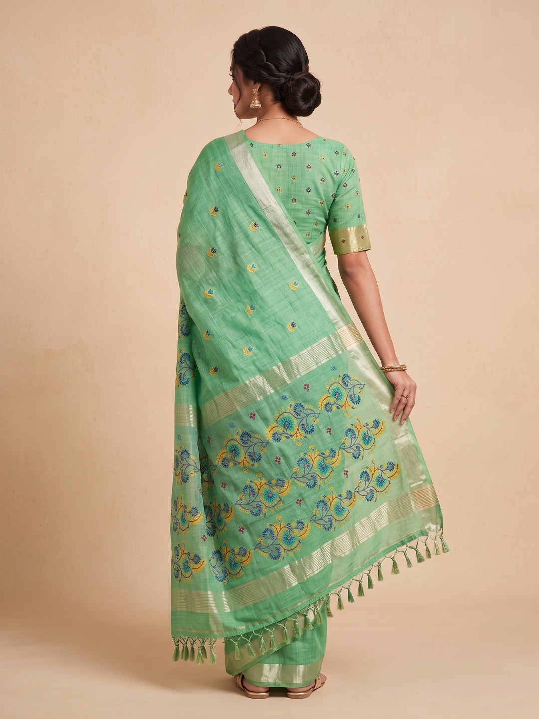 Peachmode Green Cotton Blend Jamdani Woven Saree - Image 3