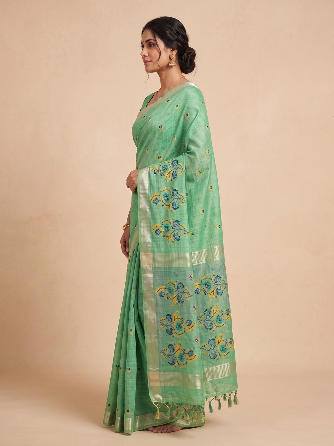 Peachmode Green Cotton Blend Jamdani Woven Saree - Image 4
