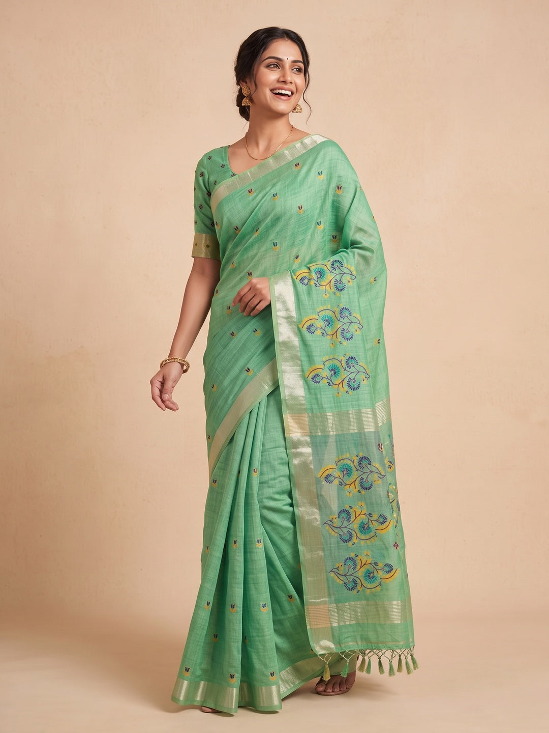 Peachmode Green Cotton Blend Jamdani Woven Saree - Image 5