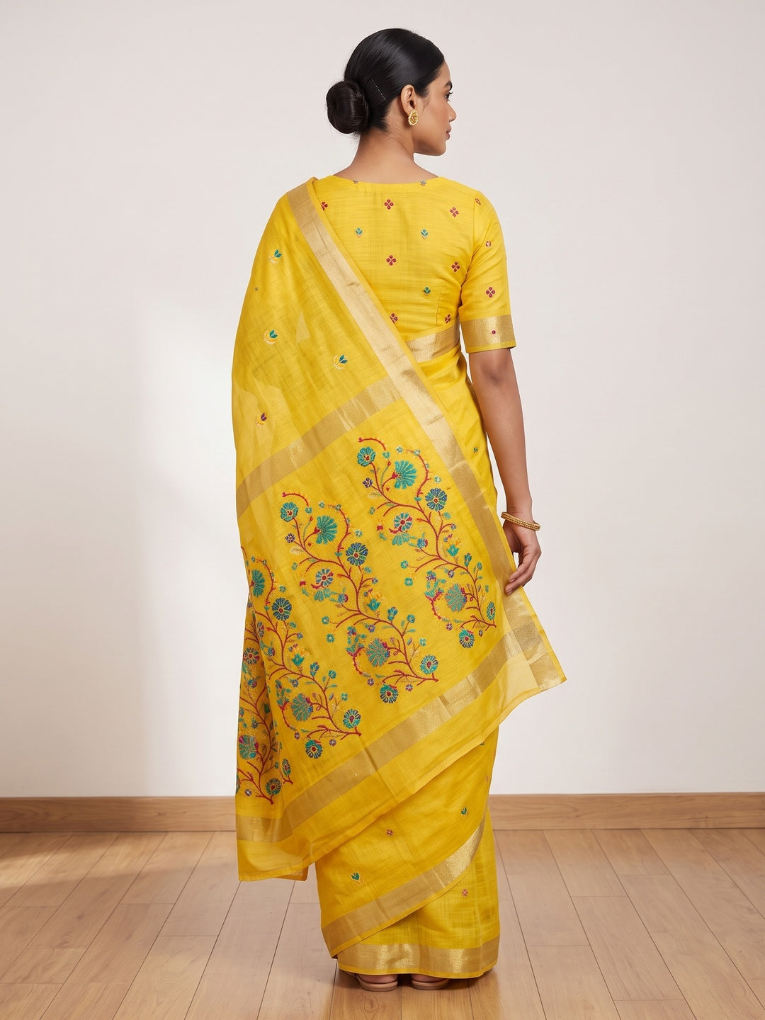 Peachmode Yellow Cotton Blend Jamdani Woven Saree - Image 5