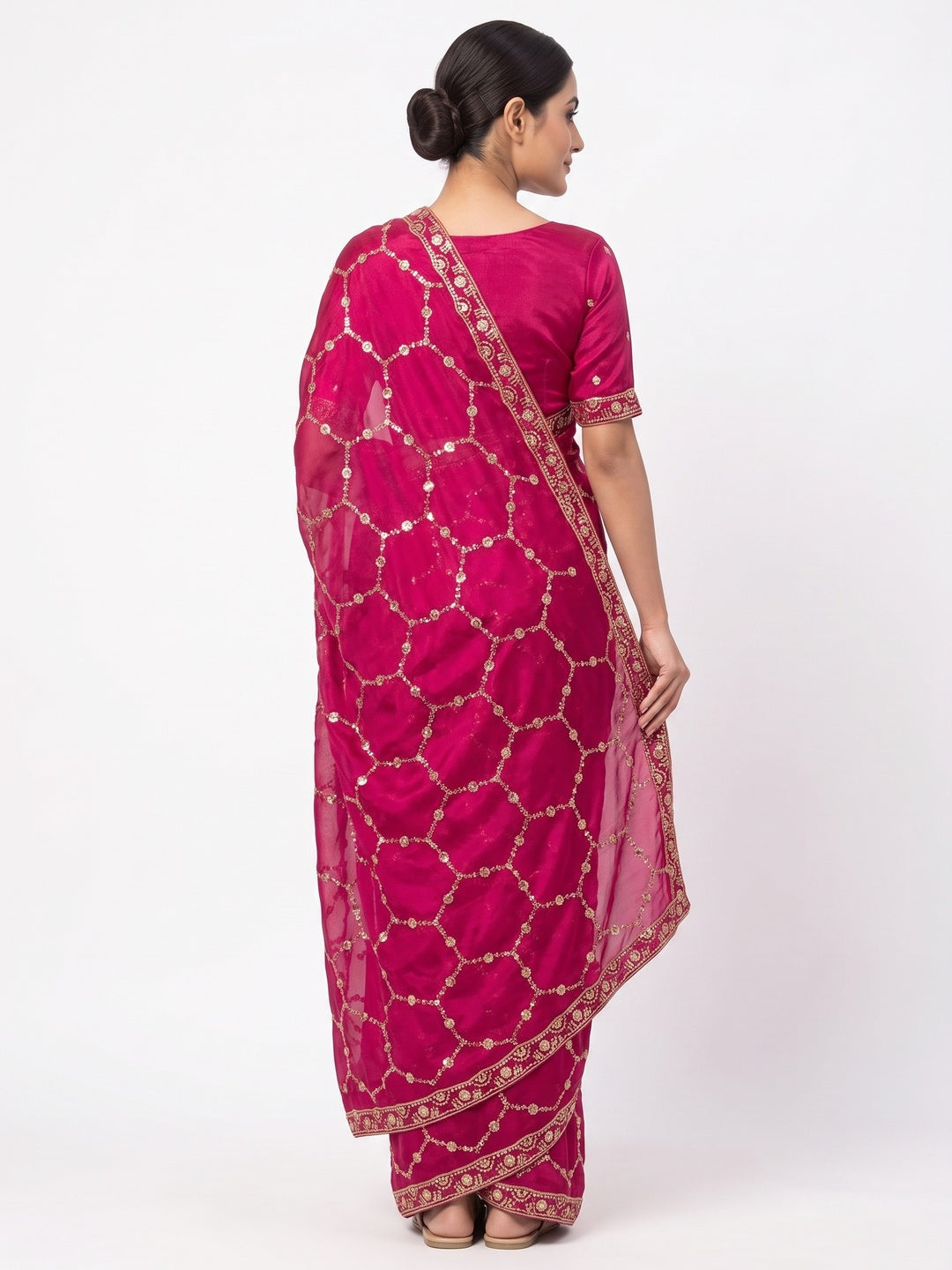 Peachmode Rani Pink Fendy Satin Sequins Embellished Saree - Image 3