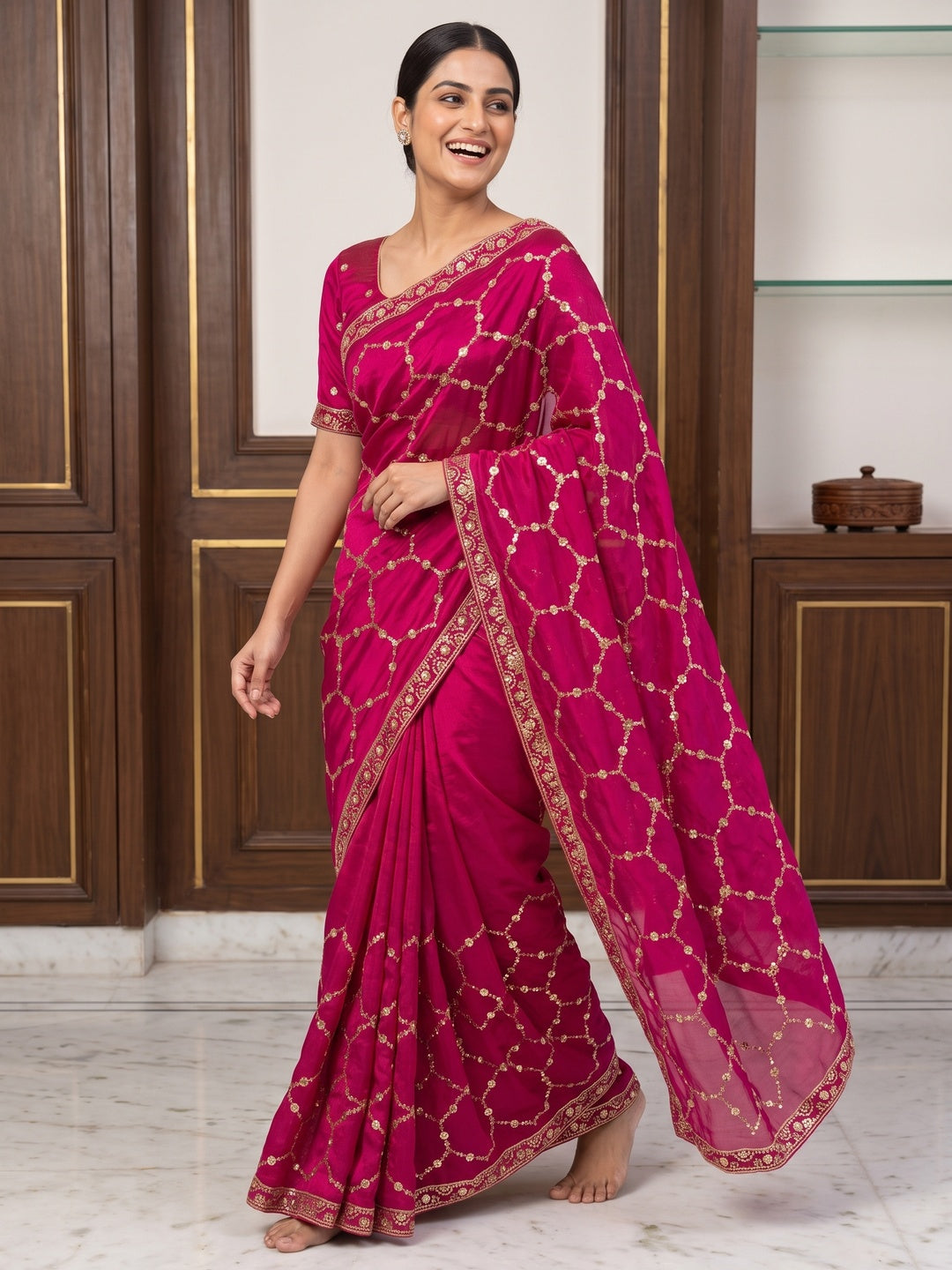 Peachmode Rani Pink Fendy Satin Sequins Embellished Saree - Image 5