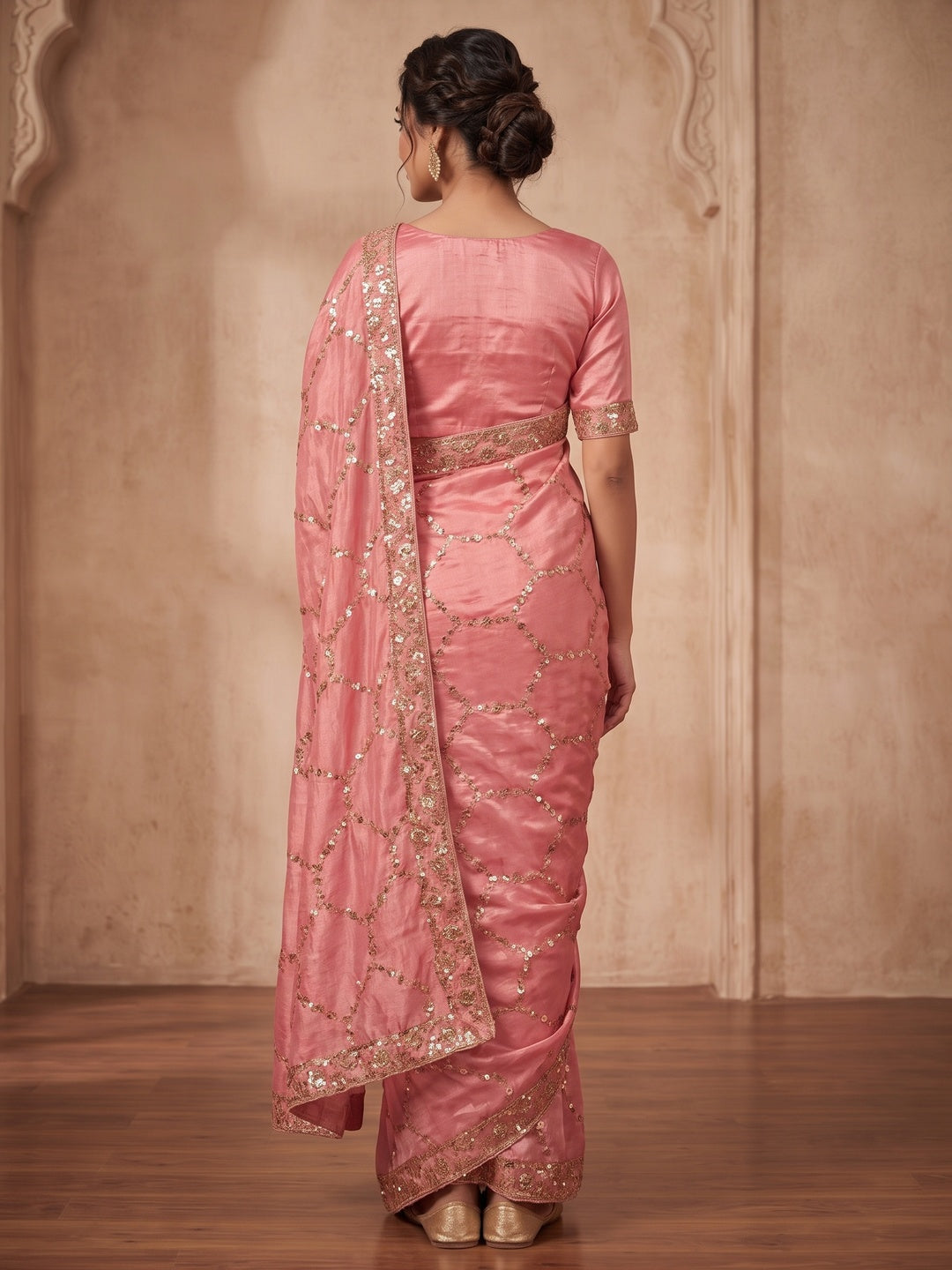 Peachmode Rose Pink Fendy Satin Sequins Embellished Saree - Image 3